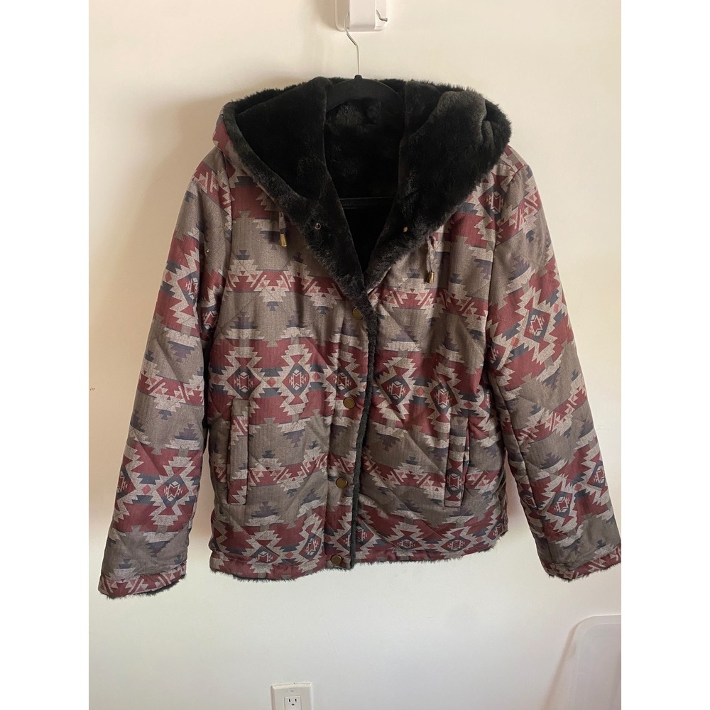 Pendleton Women Southwest Hooded‎ Puffer Jacket Faux Fur Lined Burgundy S P5550